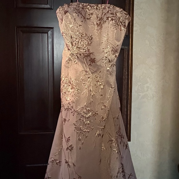 Rene Ruiz Lt. Pink/Rose Gold Embellished Strapless Fit and Flare Brocade Gown - Picture 7 of 7